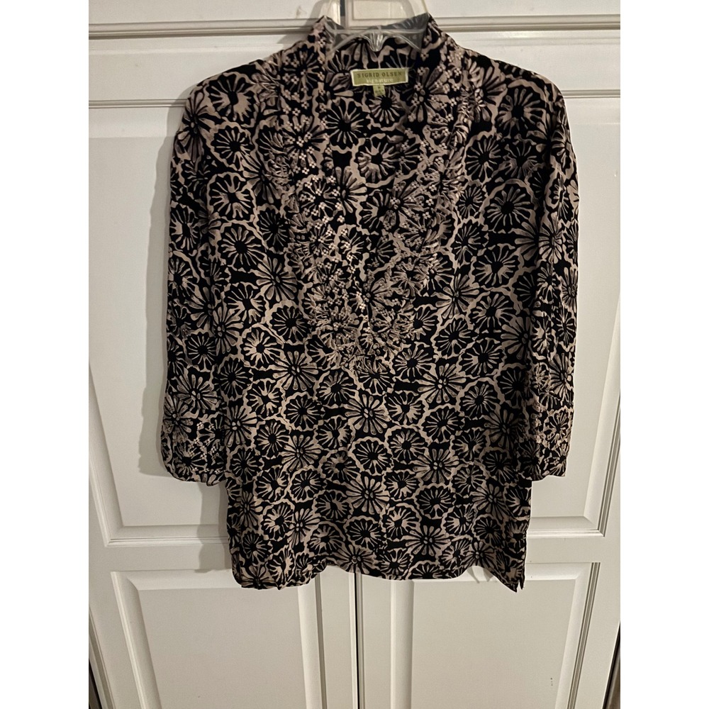 Sigrid Olsen Signature Black Champagne Floral Sequin Ruffle V-Neck Tunic Top S